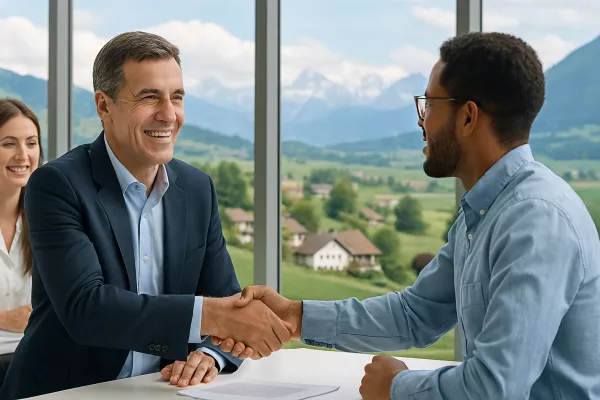 Trois professionnels en pleine interaction dans un bureau moderne avec vue panoramique sur les montagnes suisses, incarnant la modernisation du secteur immobilier et l’évolution des attentes des collaborateurs.
